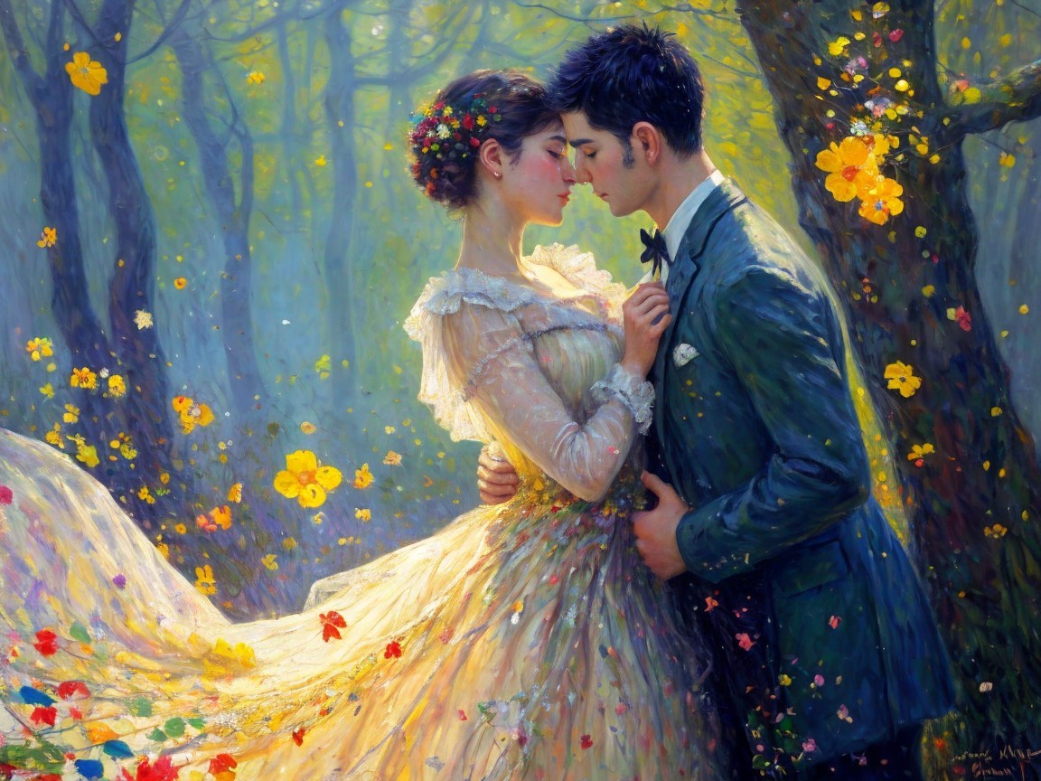 Romantic Couple in a Vibrant Forest Setting