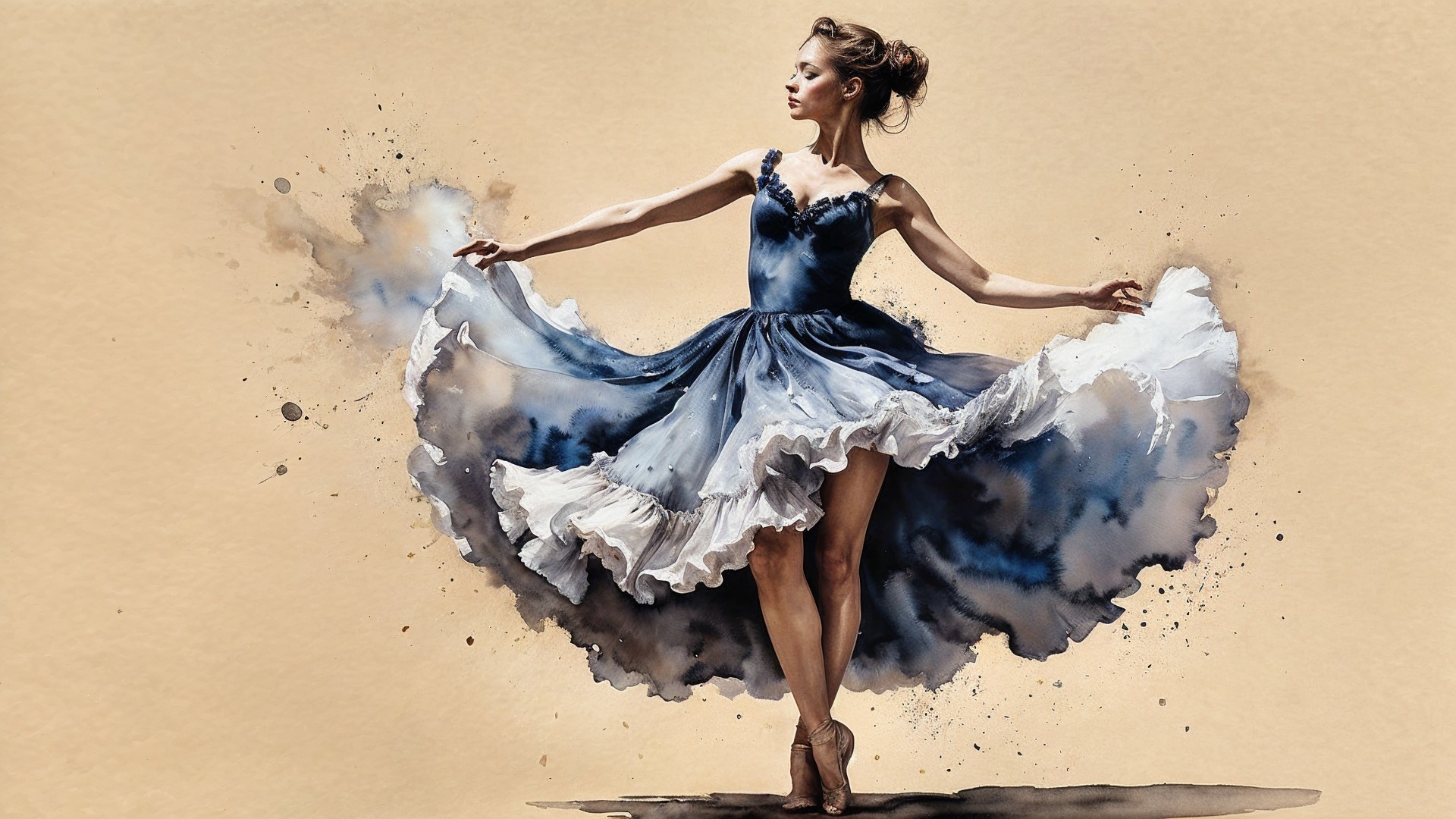Ballet Dancer in Blue and White Dress with Watercolors