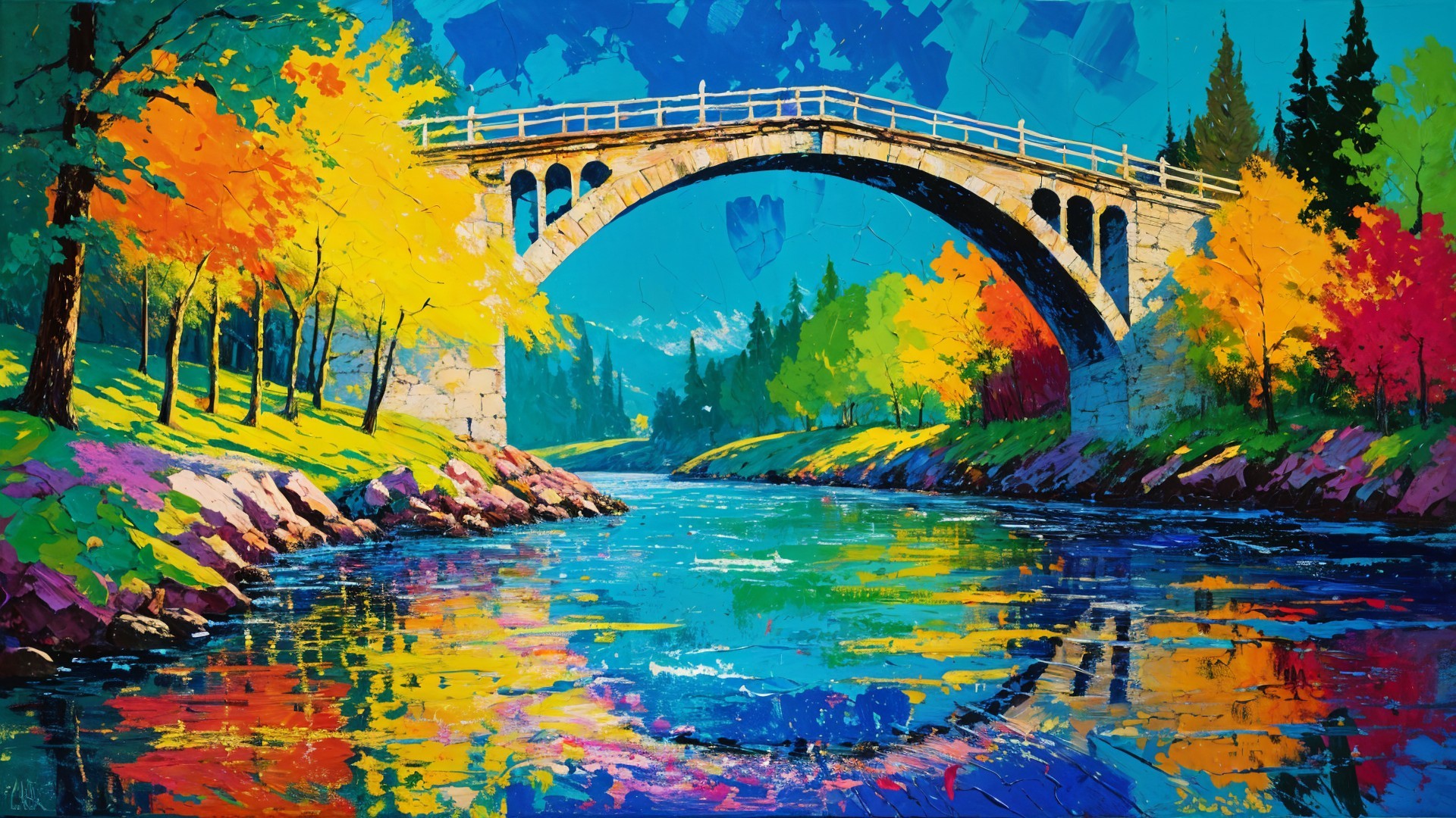 Vibrant Autumn Landscape with Stone Bridge and River