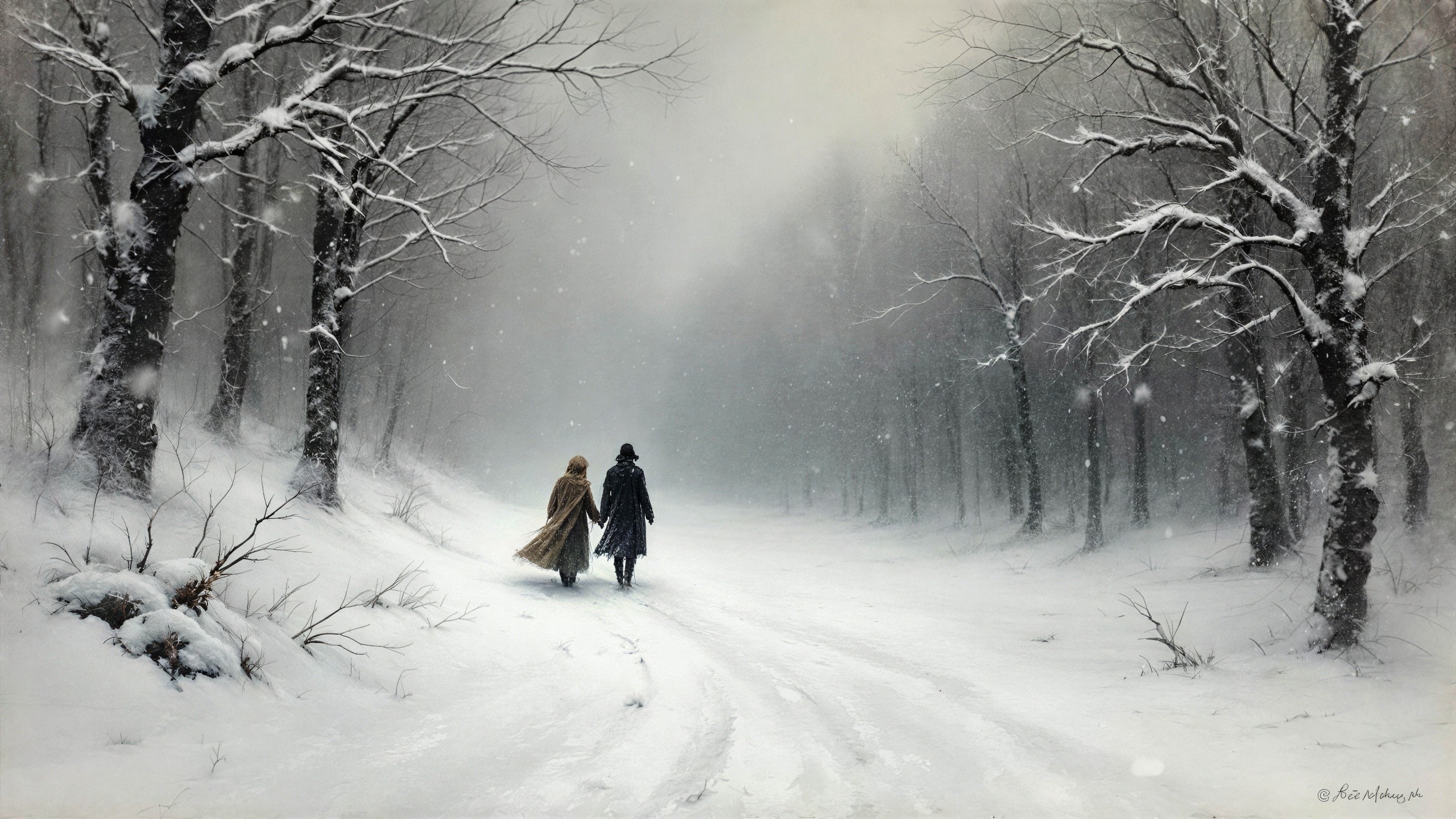 Couple Walking on Snowy Road with Snowy Trees