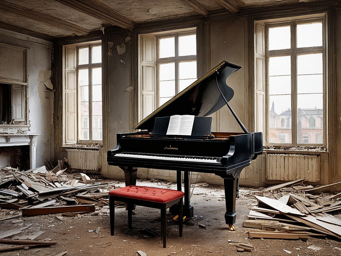Grand piano in an abandoned, dusty room with sunlight