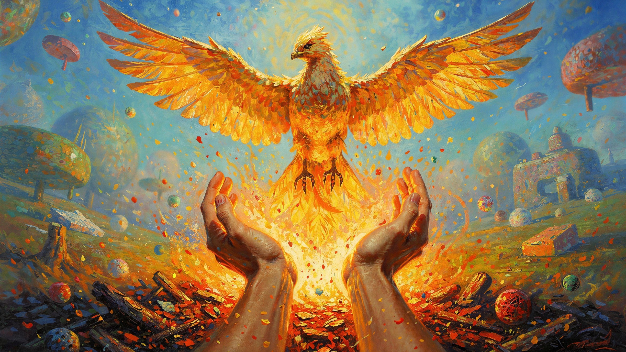 Vibrant Fantasy Painting of a Phoenix Rising from Flames