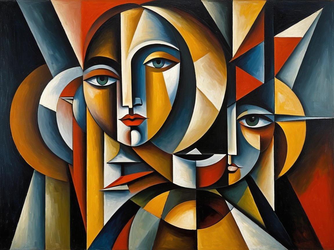Abstract Composition of Intertwined Faces in Bold Colors