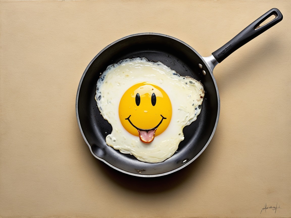 Cartoonish fried egg in skillet with smiling face