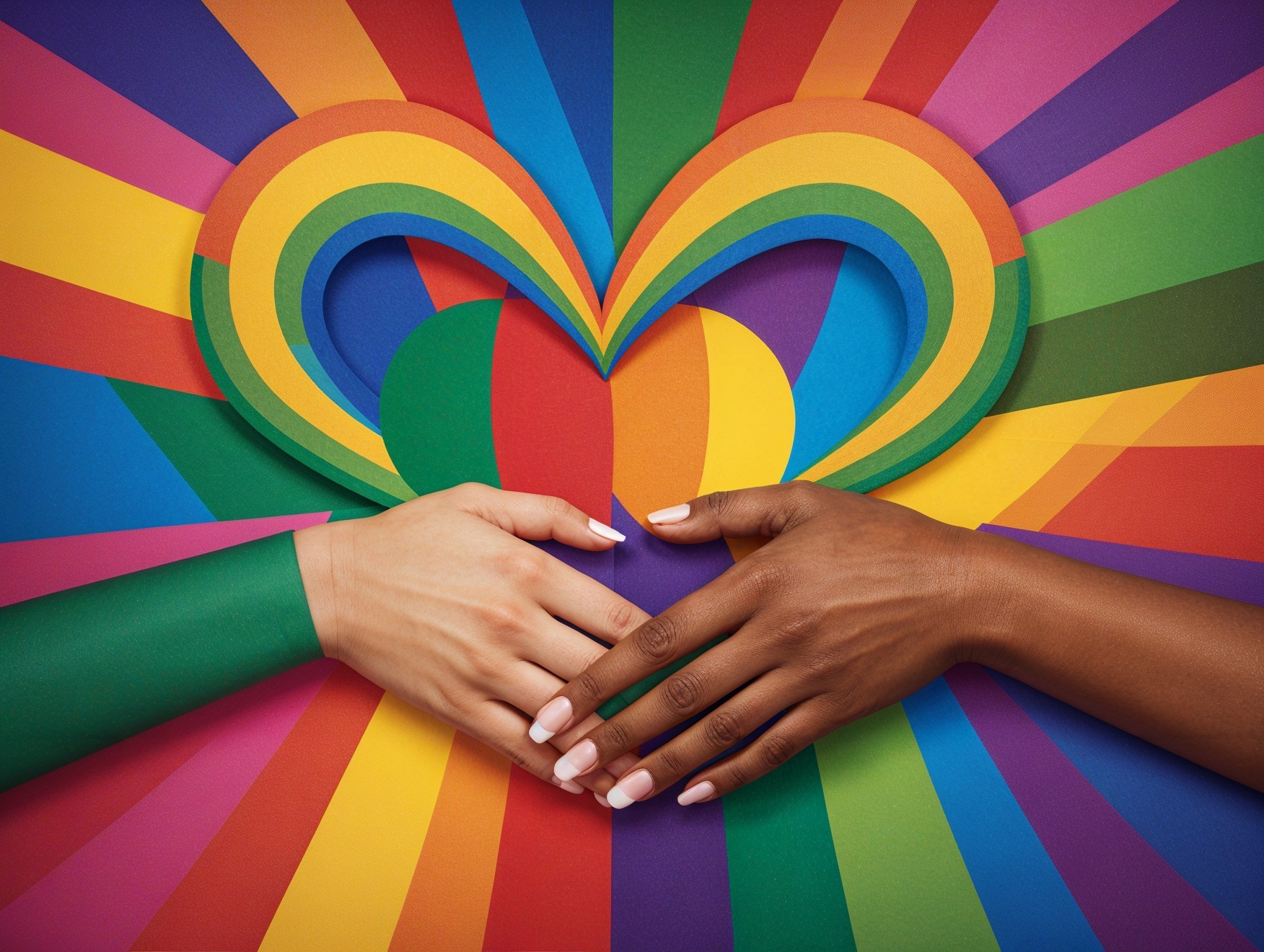 Hands Forming Heart Shape Against Rainbow Background