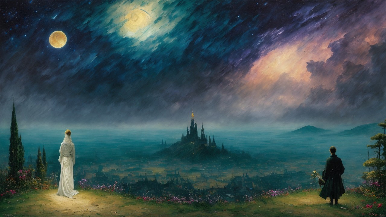 Mystical Landscape with Illuminated Castle and Moons