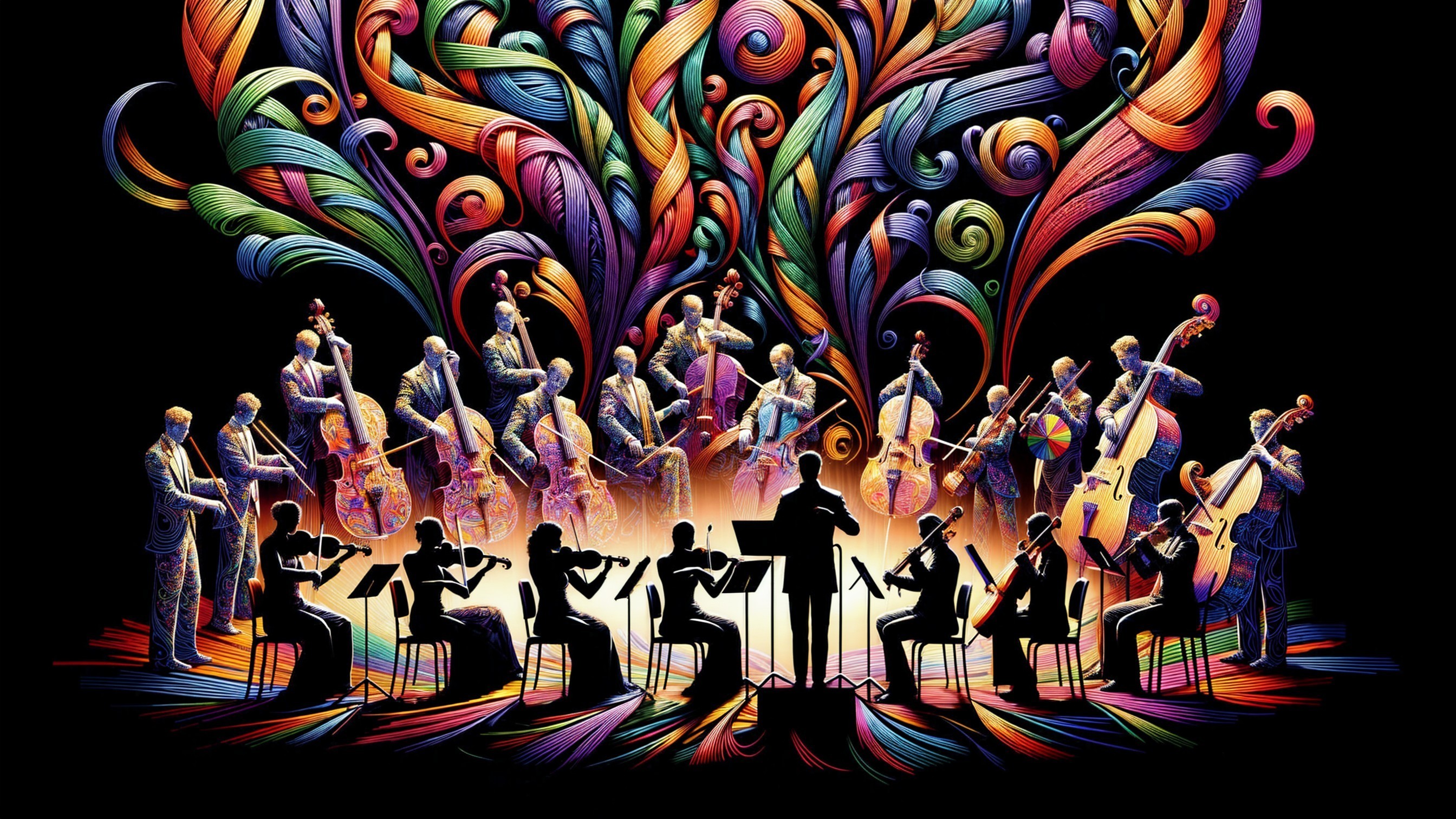 Vibrant Symphony Orchestra with Colorful Backdrop