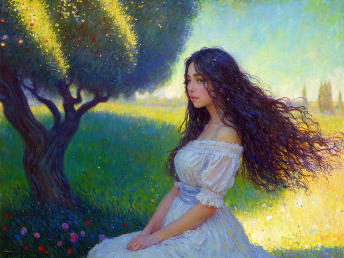 Young Woman in Sunlit Meadow with Vibrant Nature Background