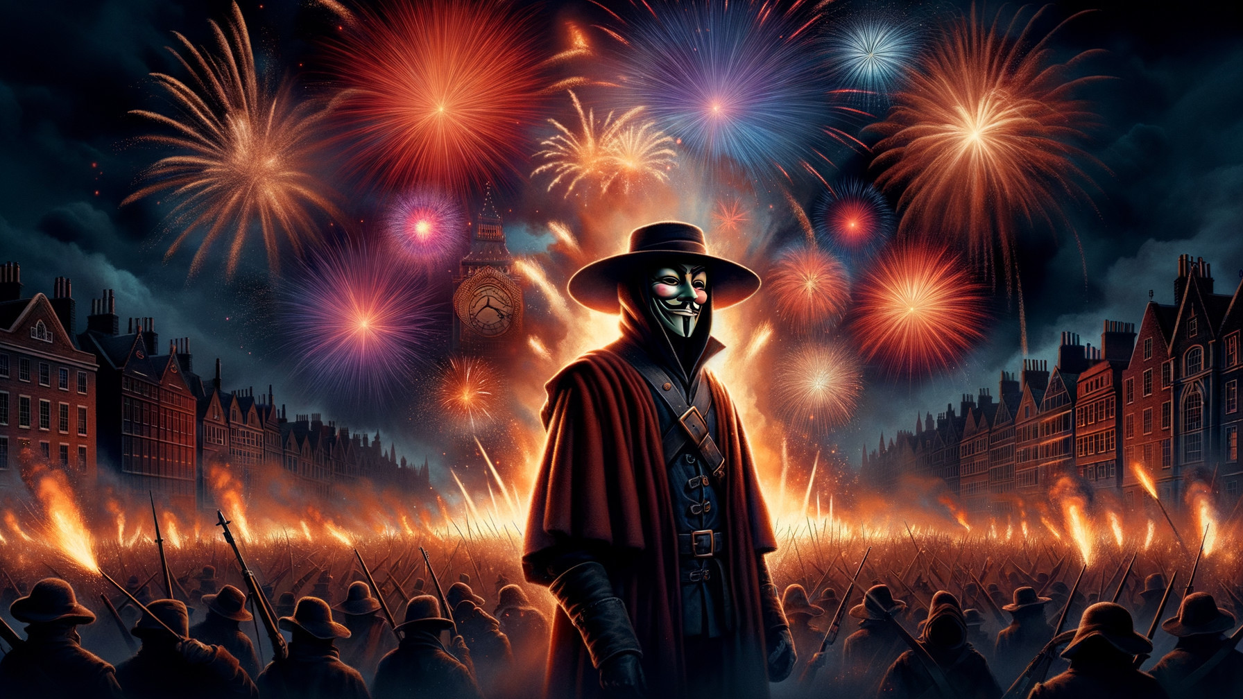 Night Scene with Fireworks and Figure in Mask