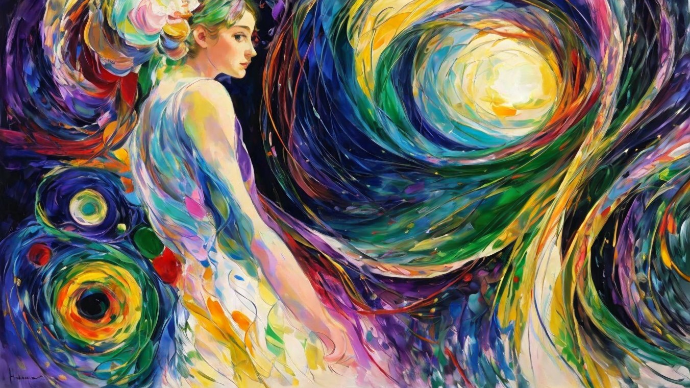 Female Figure in Vortex of Vibrant Colors and Shapes