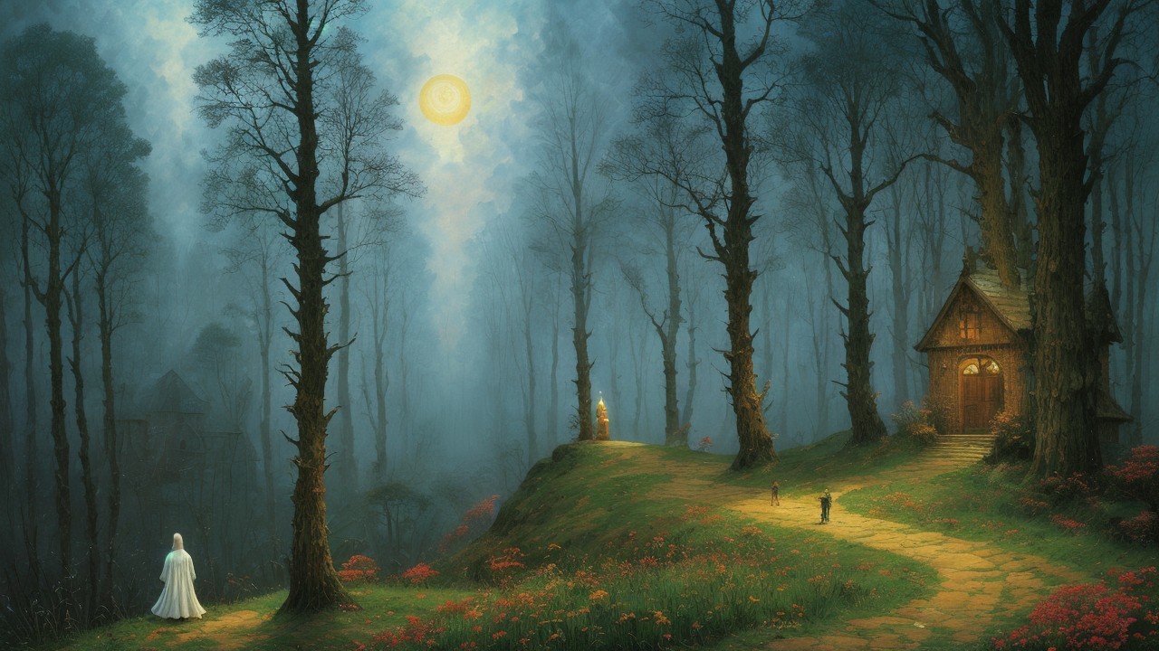 Mystical forest scene with moonlight and quaint cottage