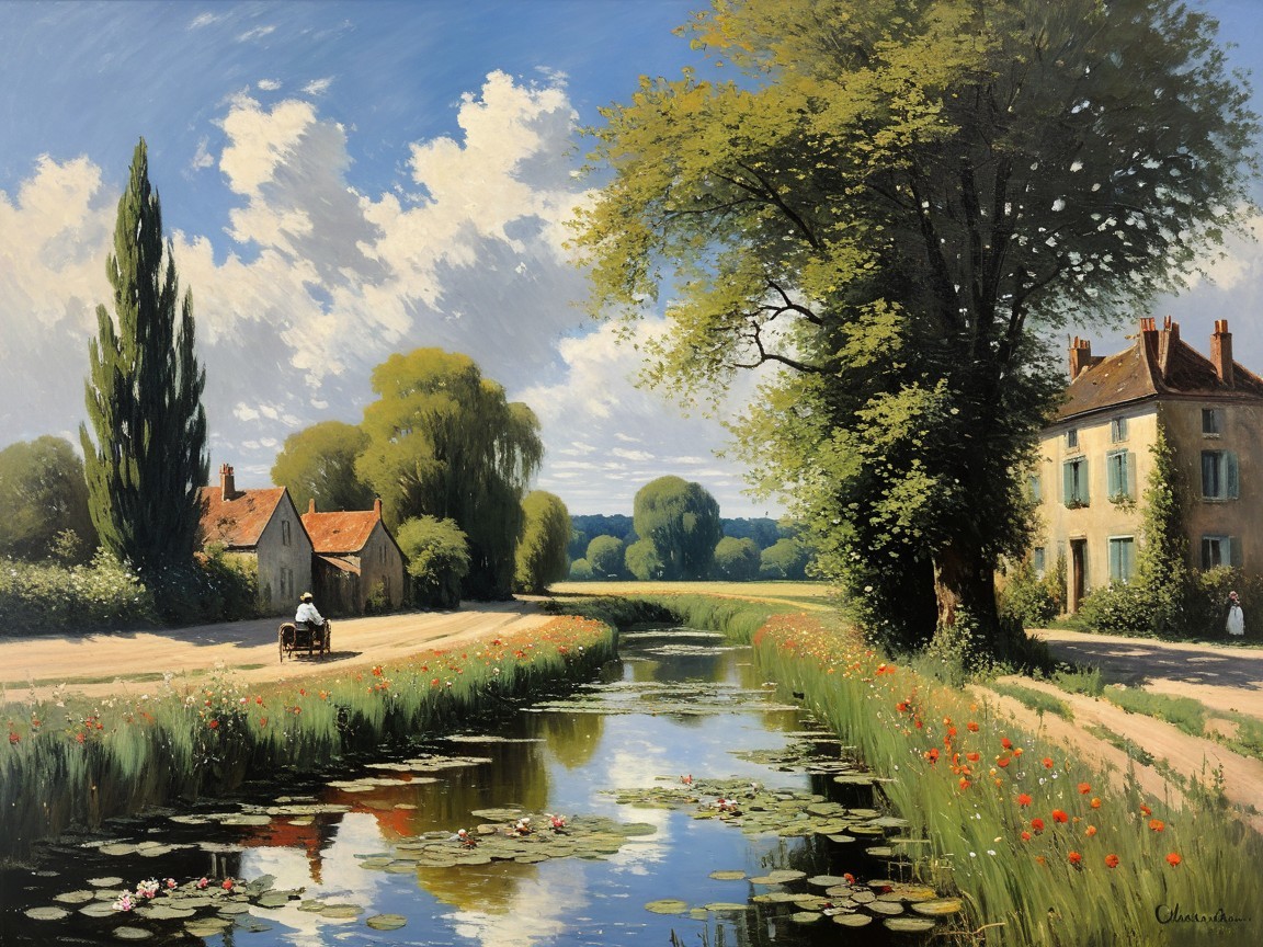 Tranquil Landscape with Canal and Charming Cottages