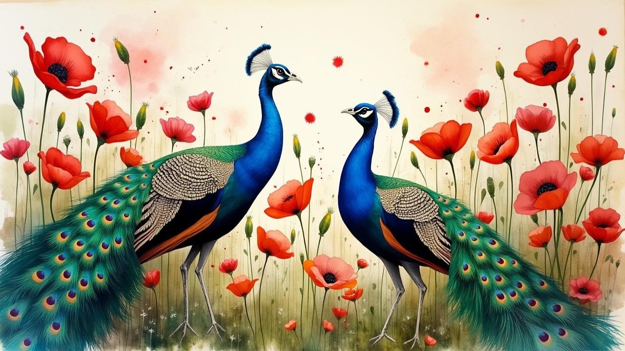 Peacocks in a Field of Red Poppies and Greenery