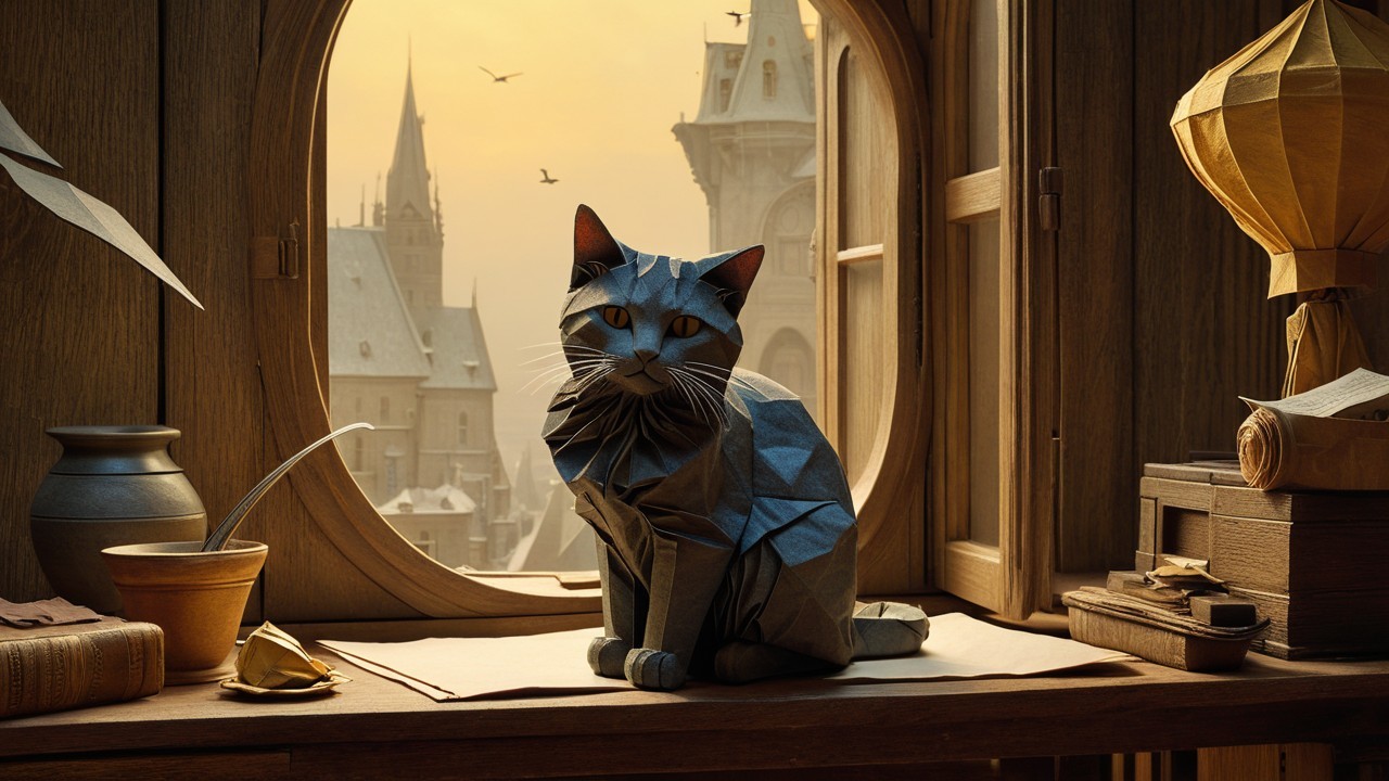 Stylized origami cat on a wooden table with sunset view