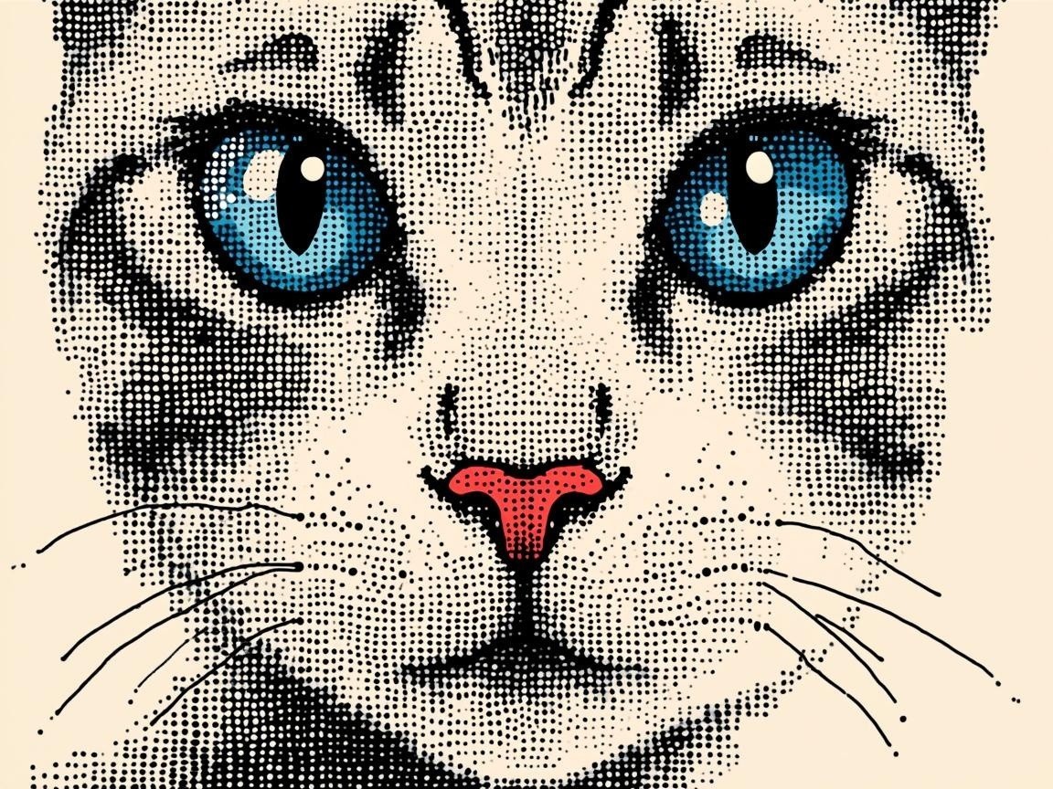Stylized Cat Face Illustration with Blue Eyes and Dots