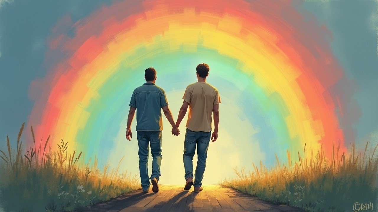 Figures Walking Hand in Hand Under a Rainbow