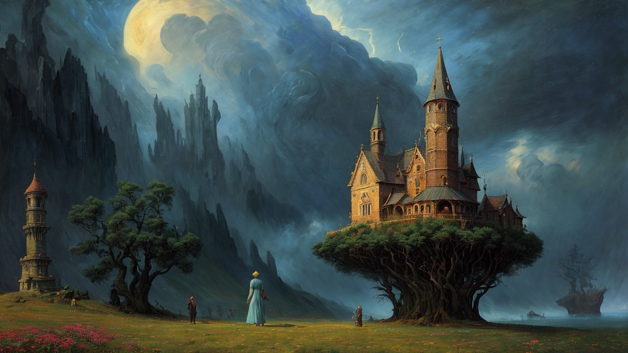 Majestic Castle on a Tree Amidst Cliffs and Clouds