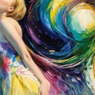 Female Figure in Vortex of Vibrant Colors and Shapes