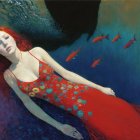 Underwater Scene of Woman in Red Dress and Fish