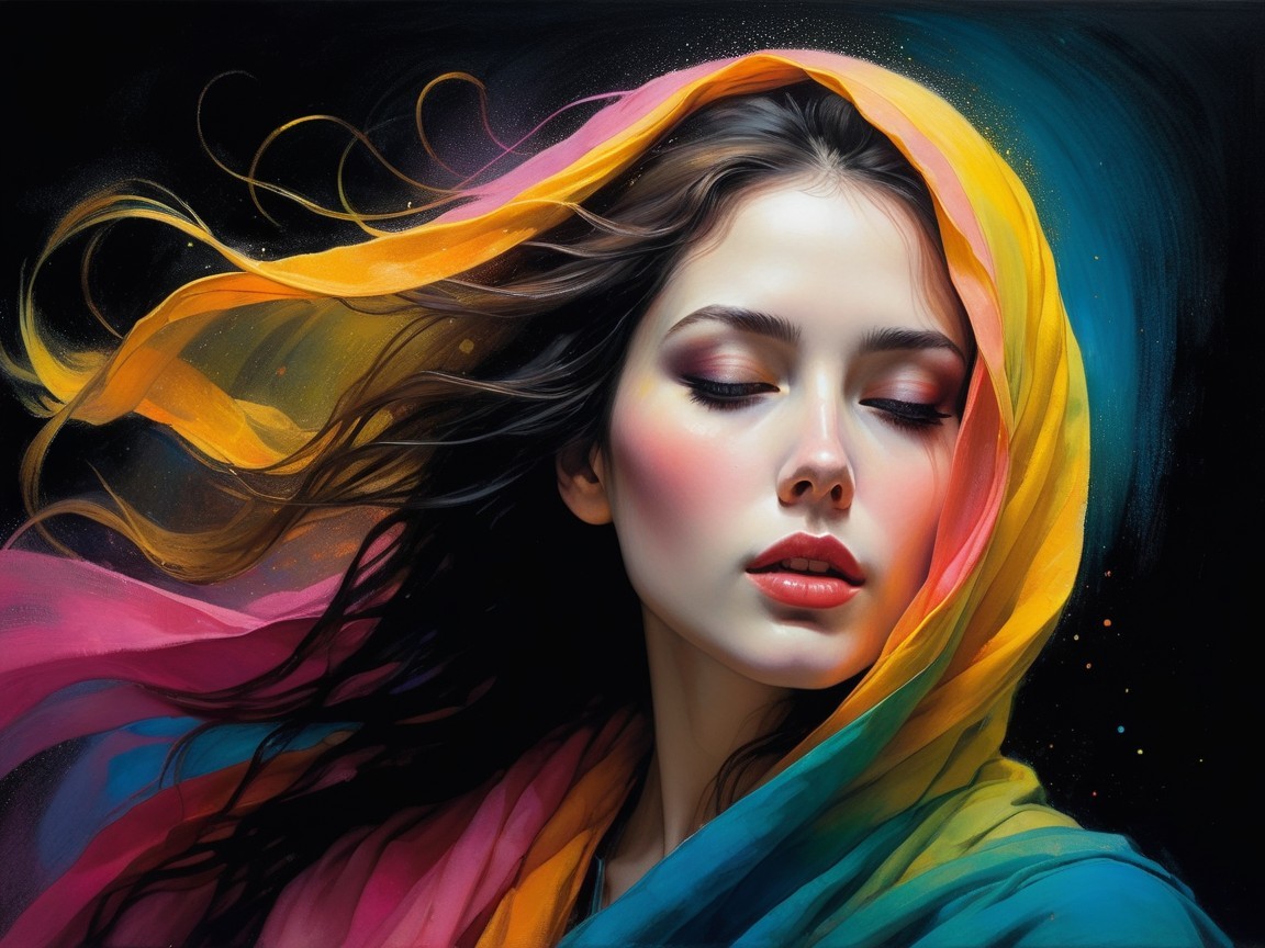 Young Woman Surrounded by Colorful Scarves in Dark Background