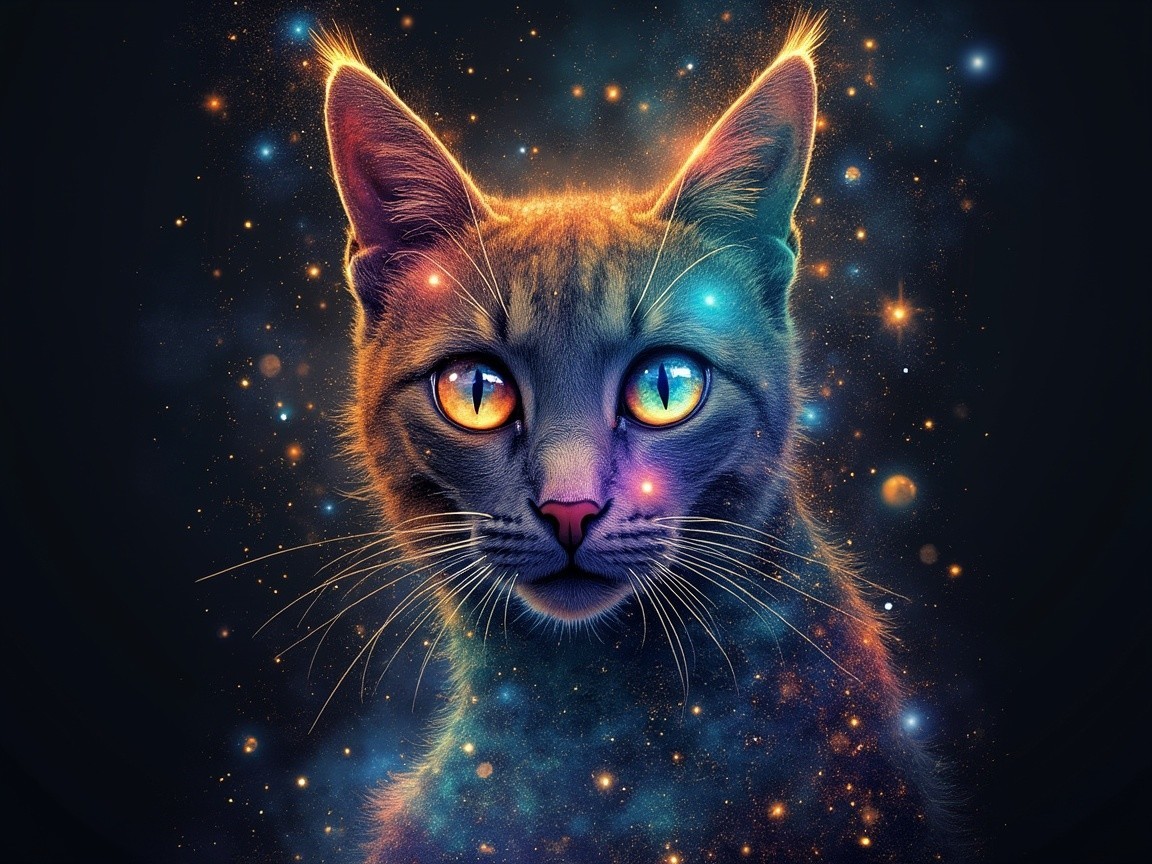 Cat Portrait with Cosmic Background and Vibrant Colors