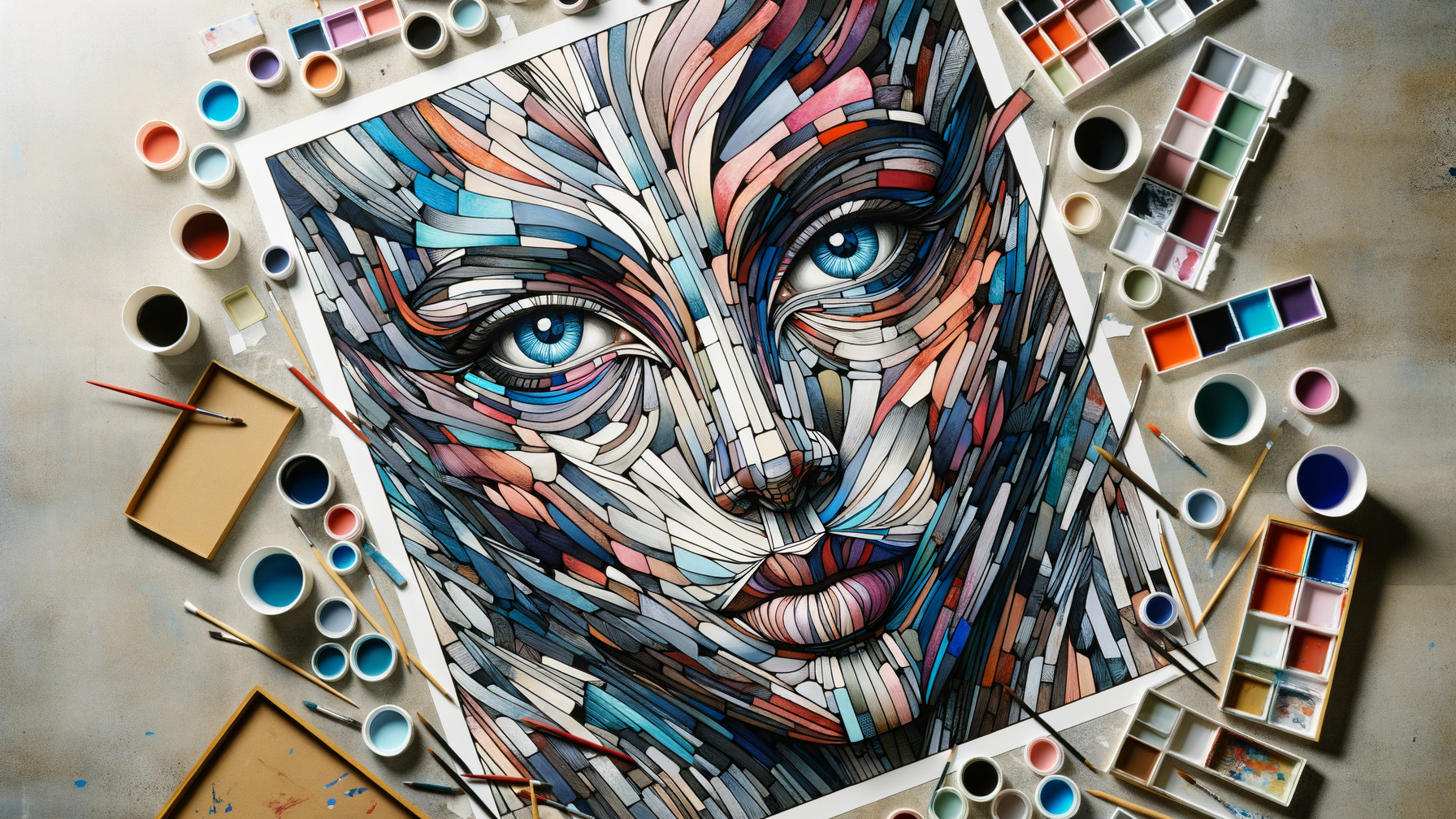 Mixed-Media Artwork with Vibrant Portrait and Supplies
