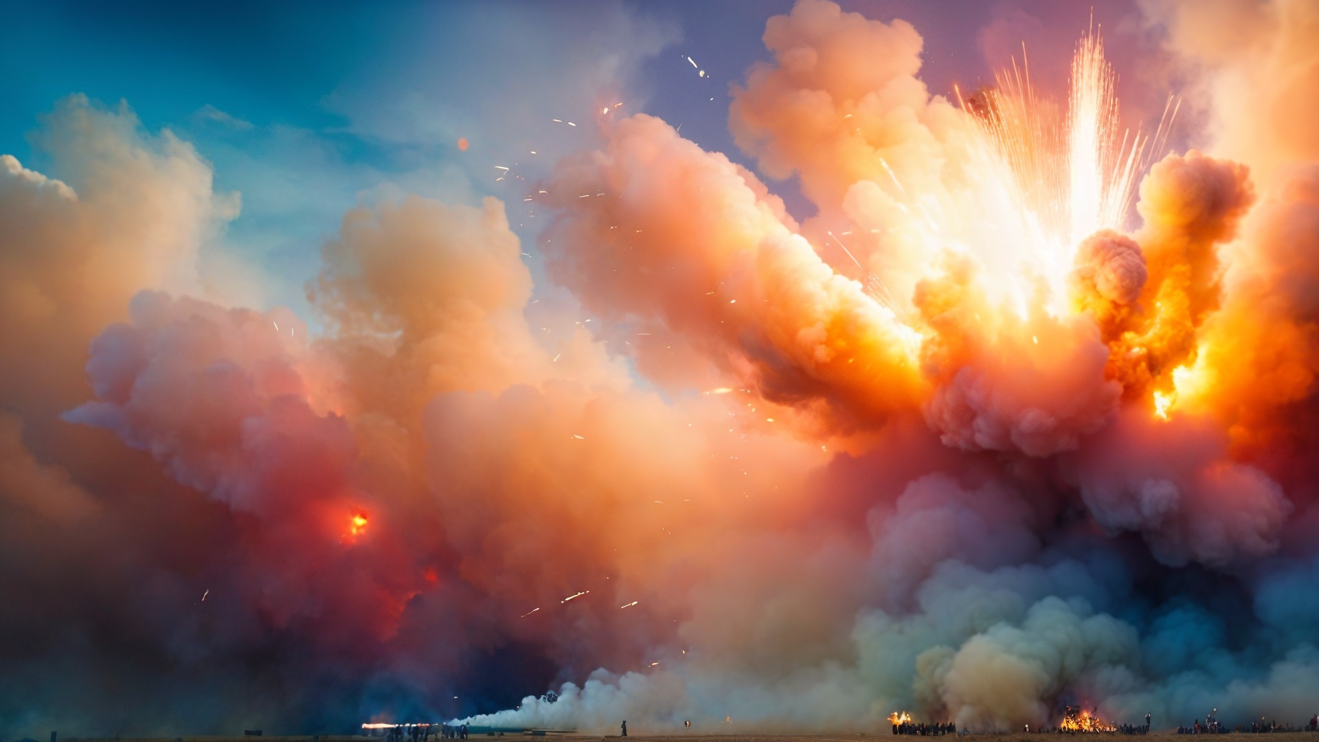 Dramatic explosion with colorful smoke and bright flashes