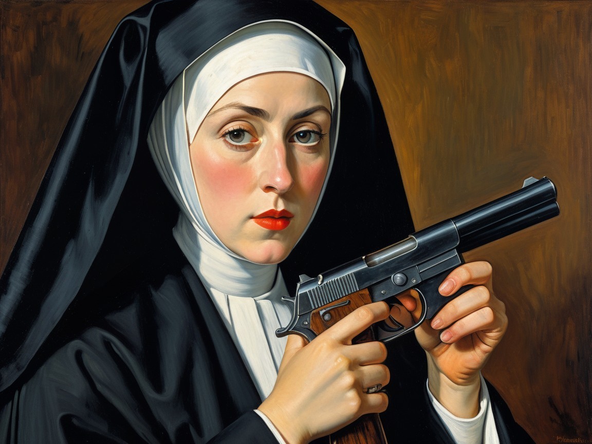 Portrait of a nun with a pistol in dramatic setting