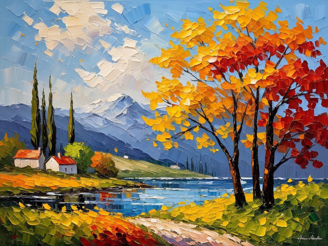 Autumn Landscape with Lake and Colorful Trees