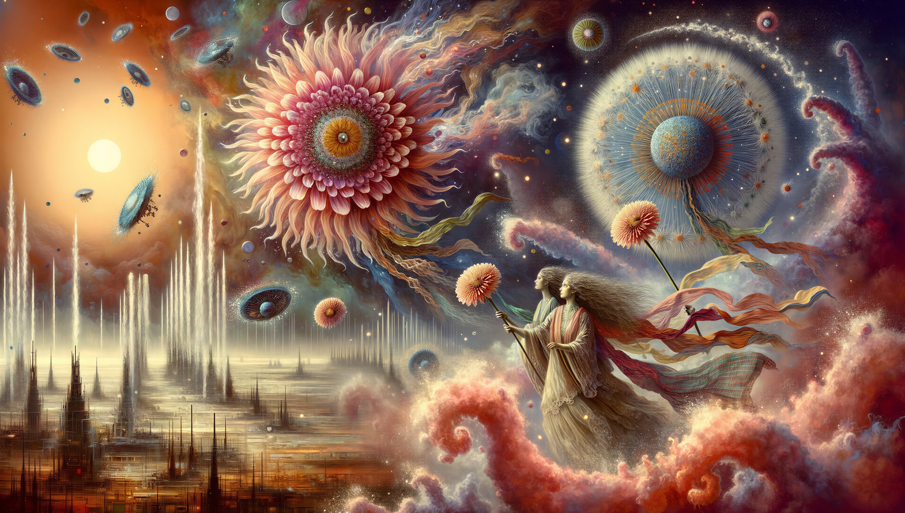 Surreal Cosmic Landscape with Ethereal Figure and Orbs