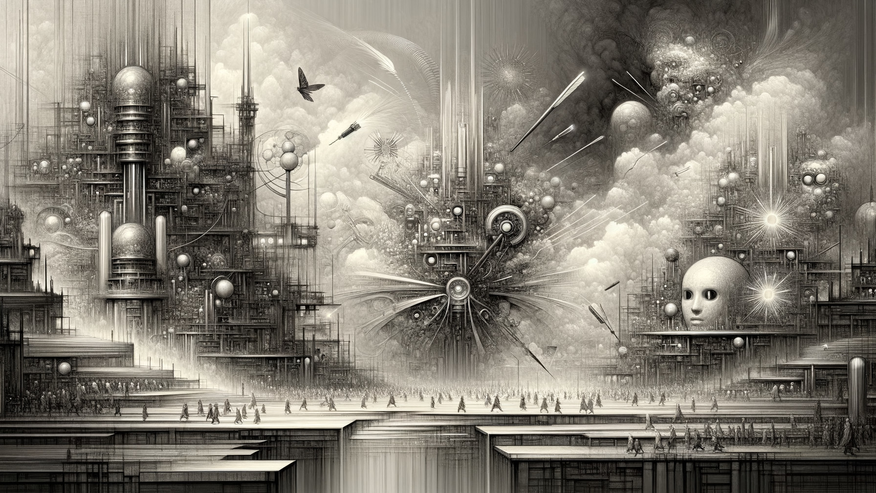 Surreal Monochromatic Landscape with Futuristic Structures