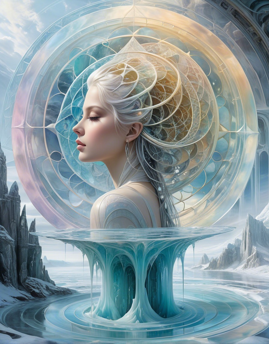 Ethereal figure in icy landscape with pastel colors
