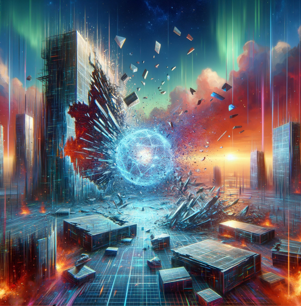 Futuristic cityscape with explosion and glowing core
