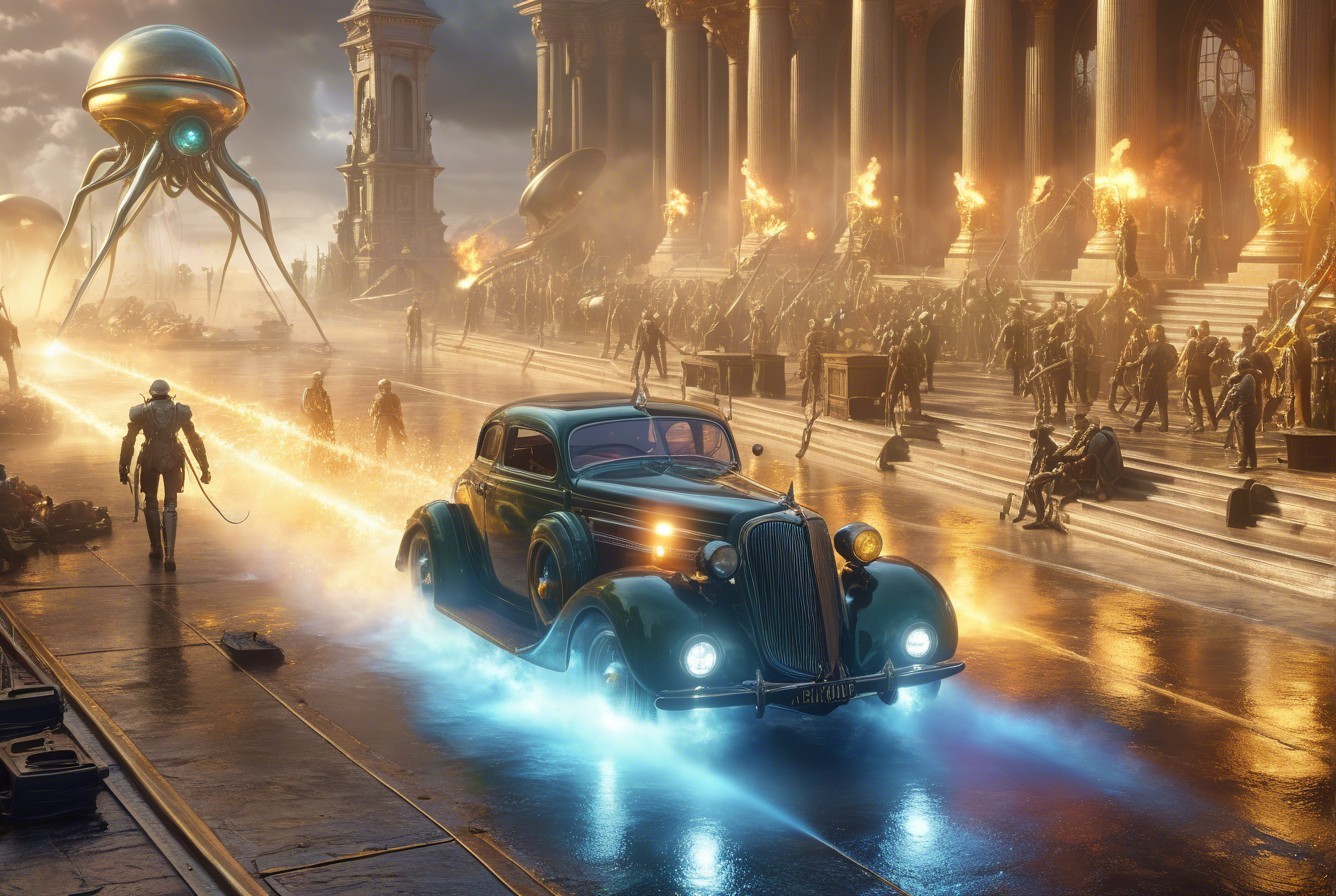 Vintage Car with Blue Trail in Ancient Cityscape