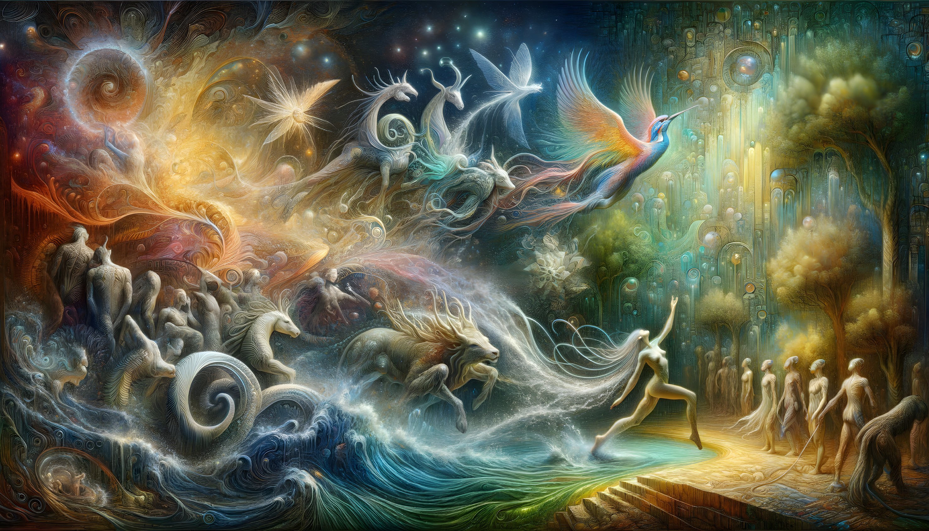 Vibrant Ethereal Landscape with Mythical Creatures