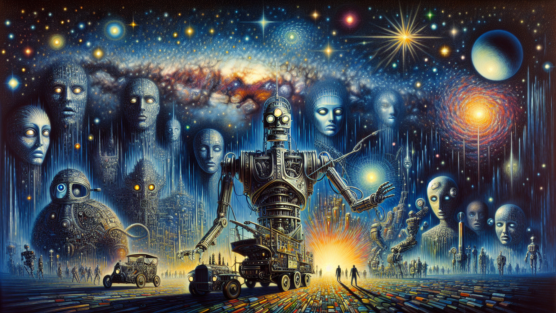 Surreal Landscape with Futuristic Robot and Galaxies