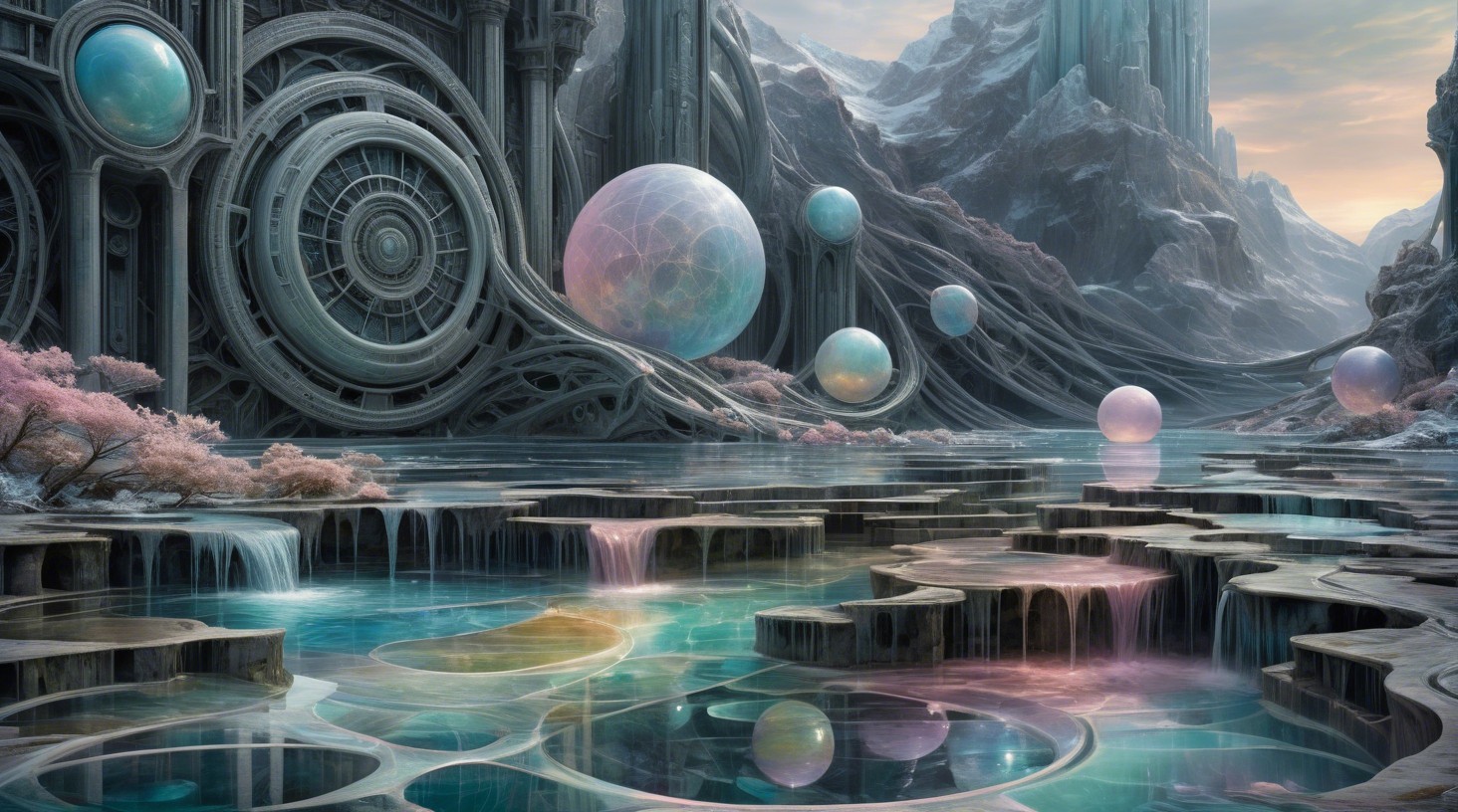 Surreal Landscape with Futuristic Architecture and Orbs