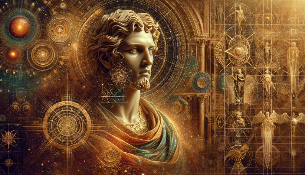 Classical Gold Statue Surrounded by Cosmic Elements