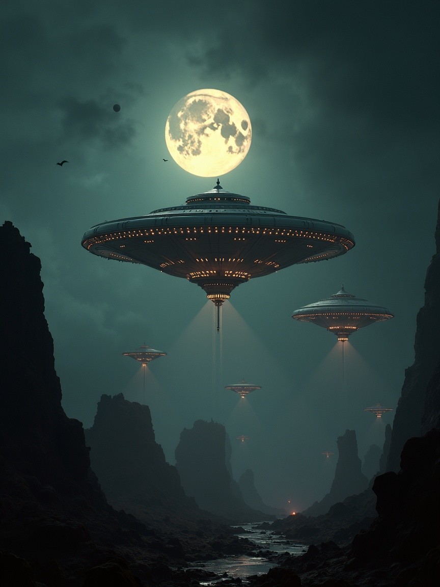 Surreal Landscape with Glowing Moon and UFOs