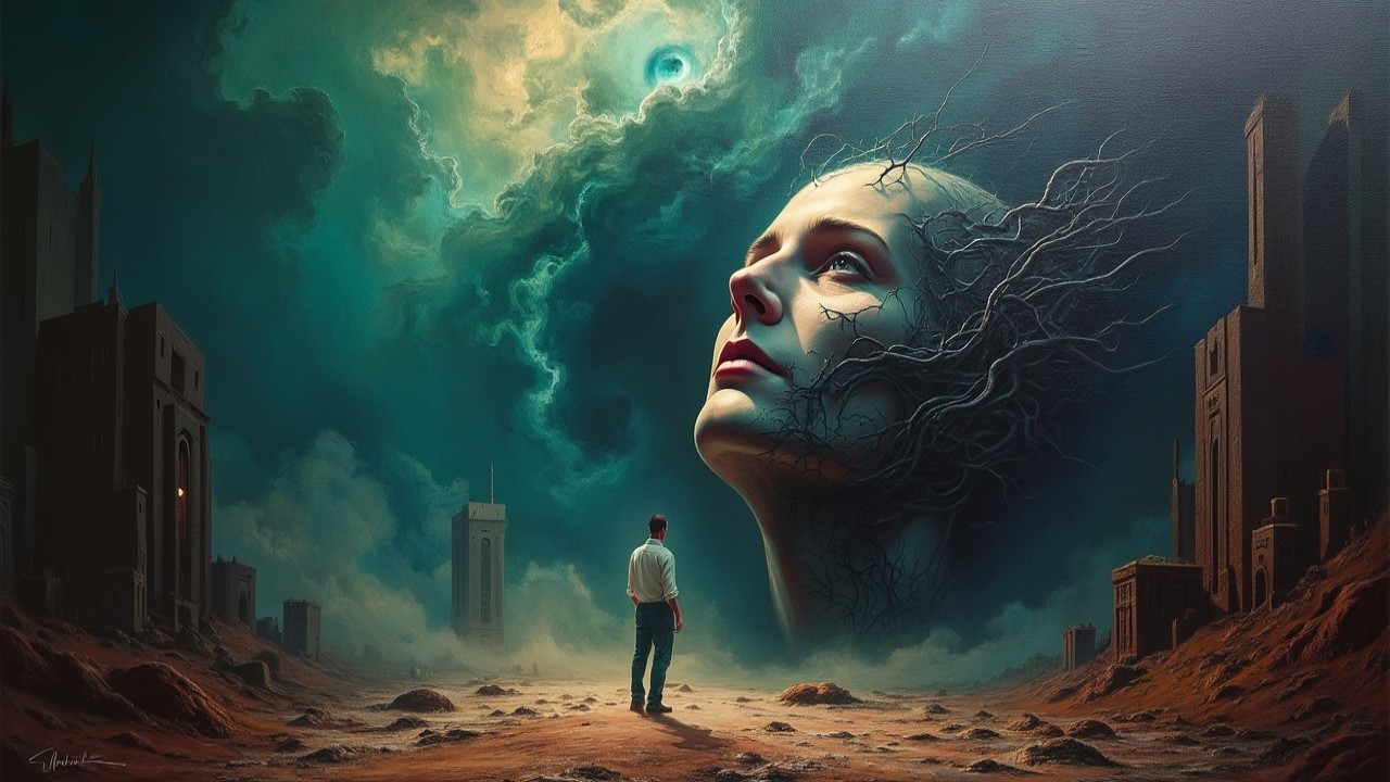 Surreal Landscape with Ethereal Face and Crumbling Structures