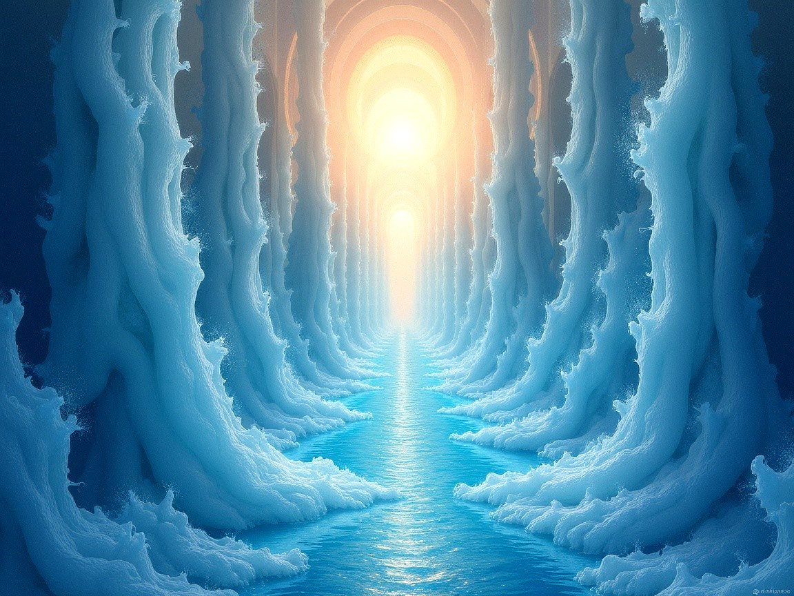 Surreal Landscape with Icy Blue Formations and Light