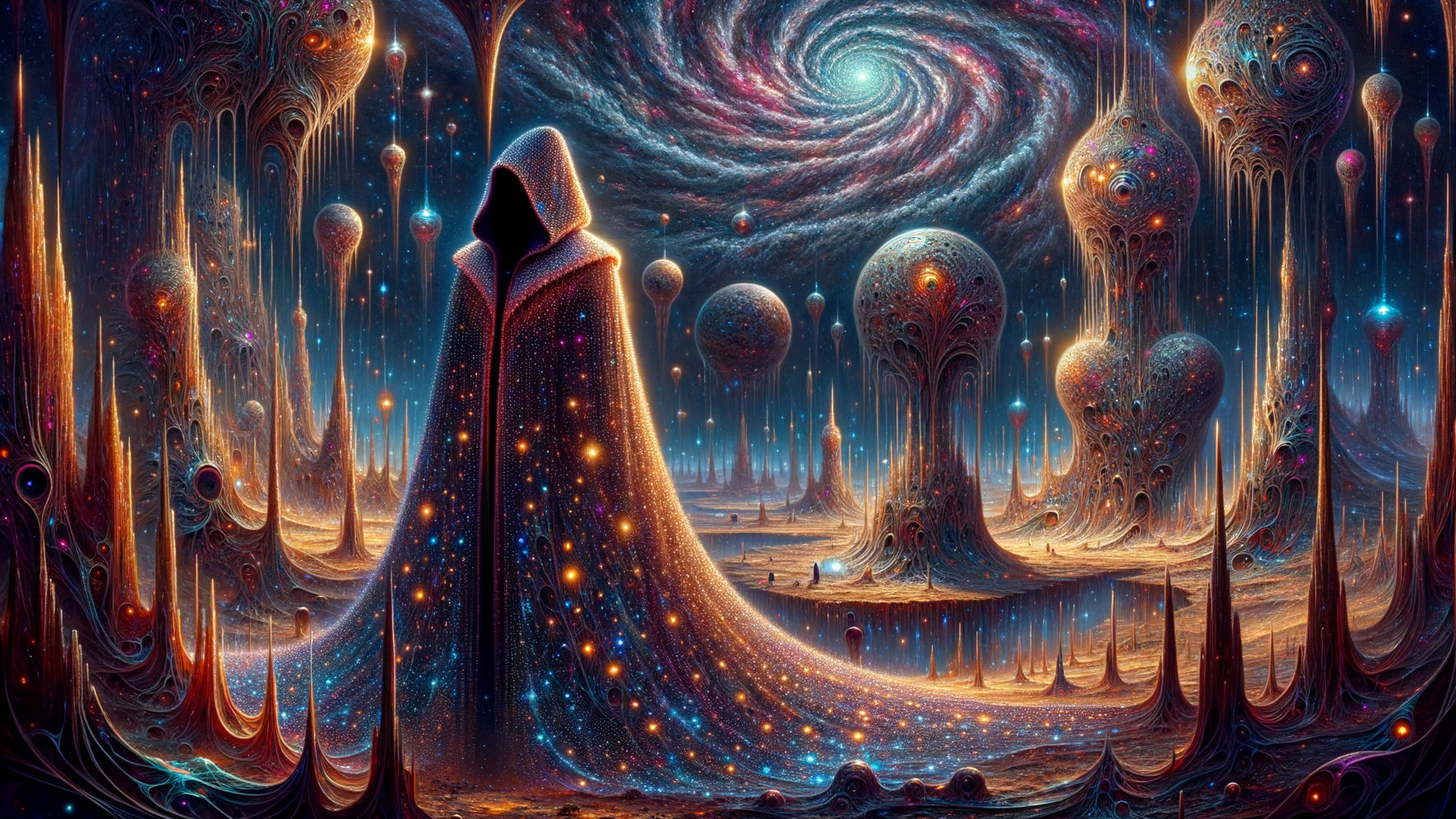 Mysterious Figure in Cosmic Landscape with Vibrant Hues