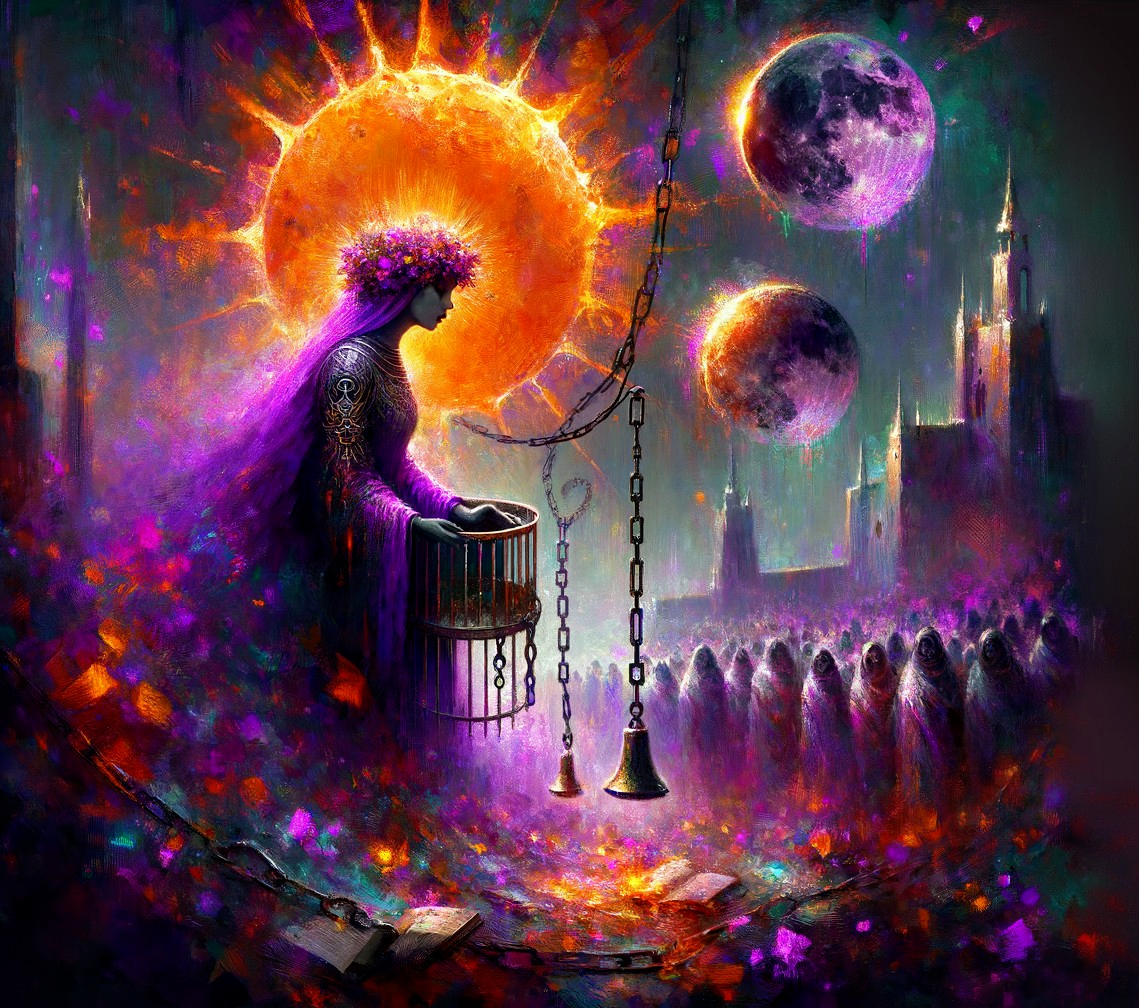 Mystical Figure with Drum in Vibrant Cosmic Scene