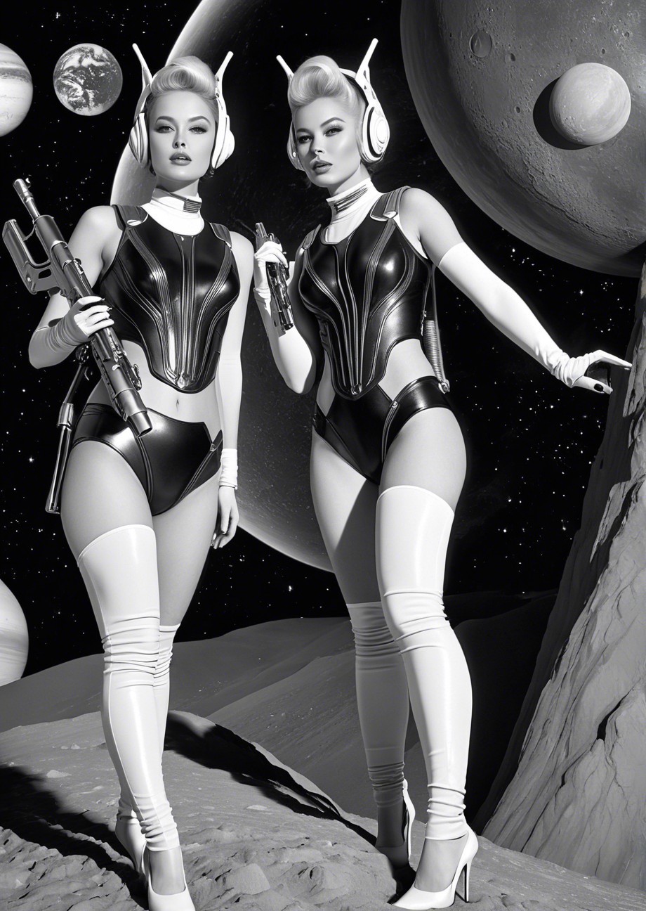Futuristic Women in Space Suits on Lunar Surface