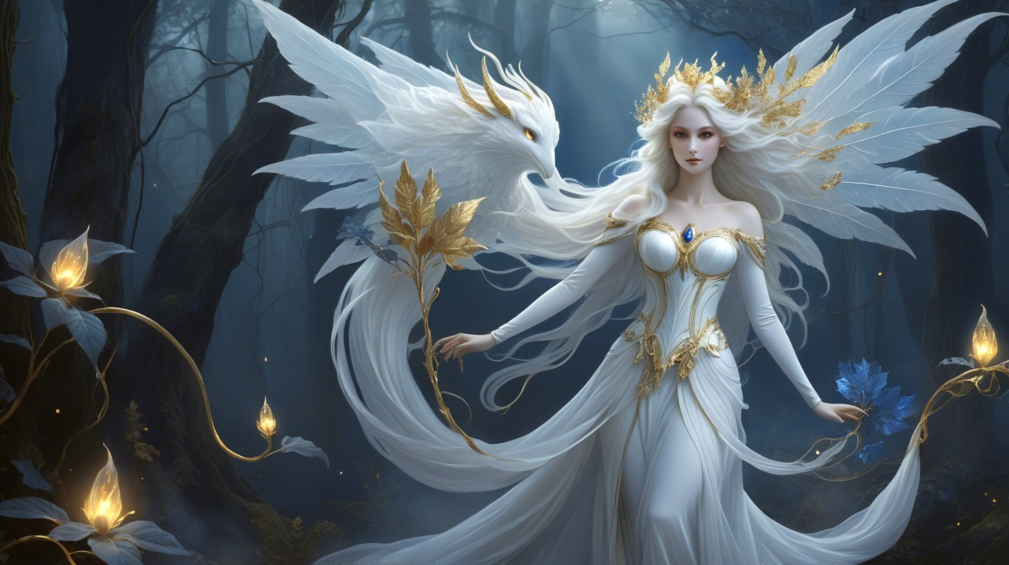 Majestic figure in enchanted forest with white dragon