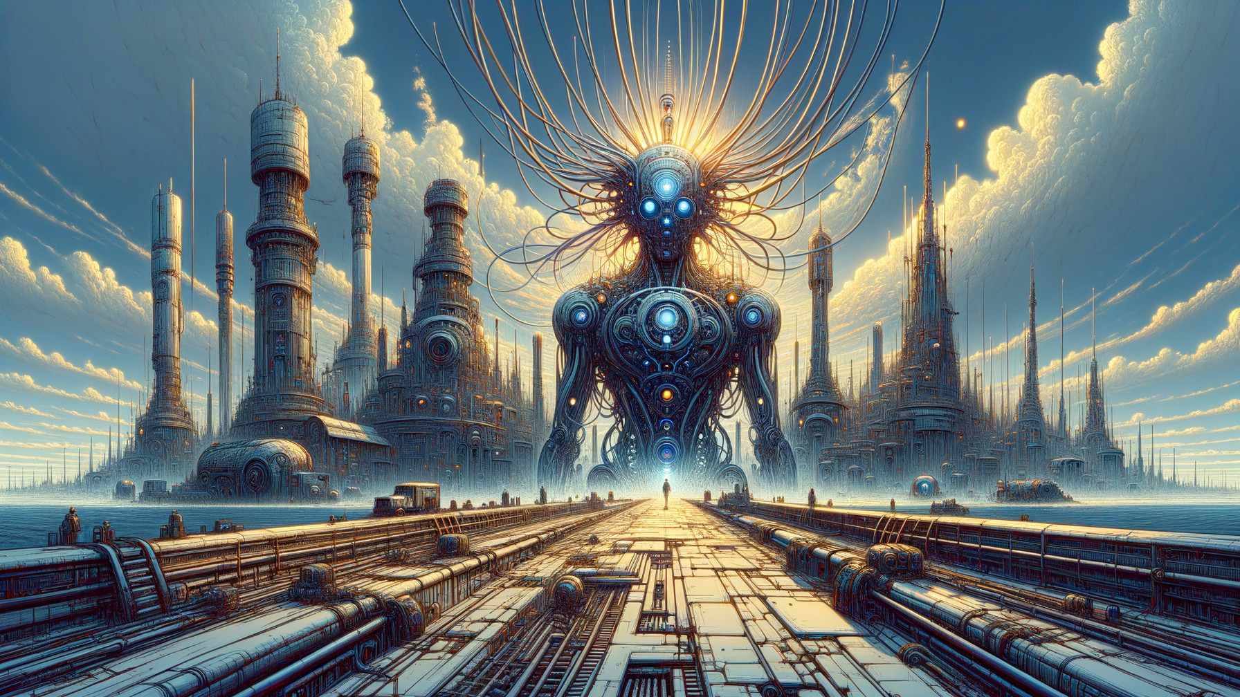 Futuristic cityscape with robotic figure and clouds