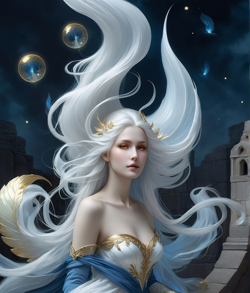 Mystical Figure in Twilight with Butterflies and Orbs