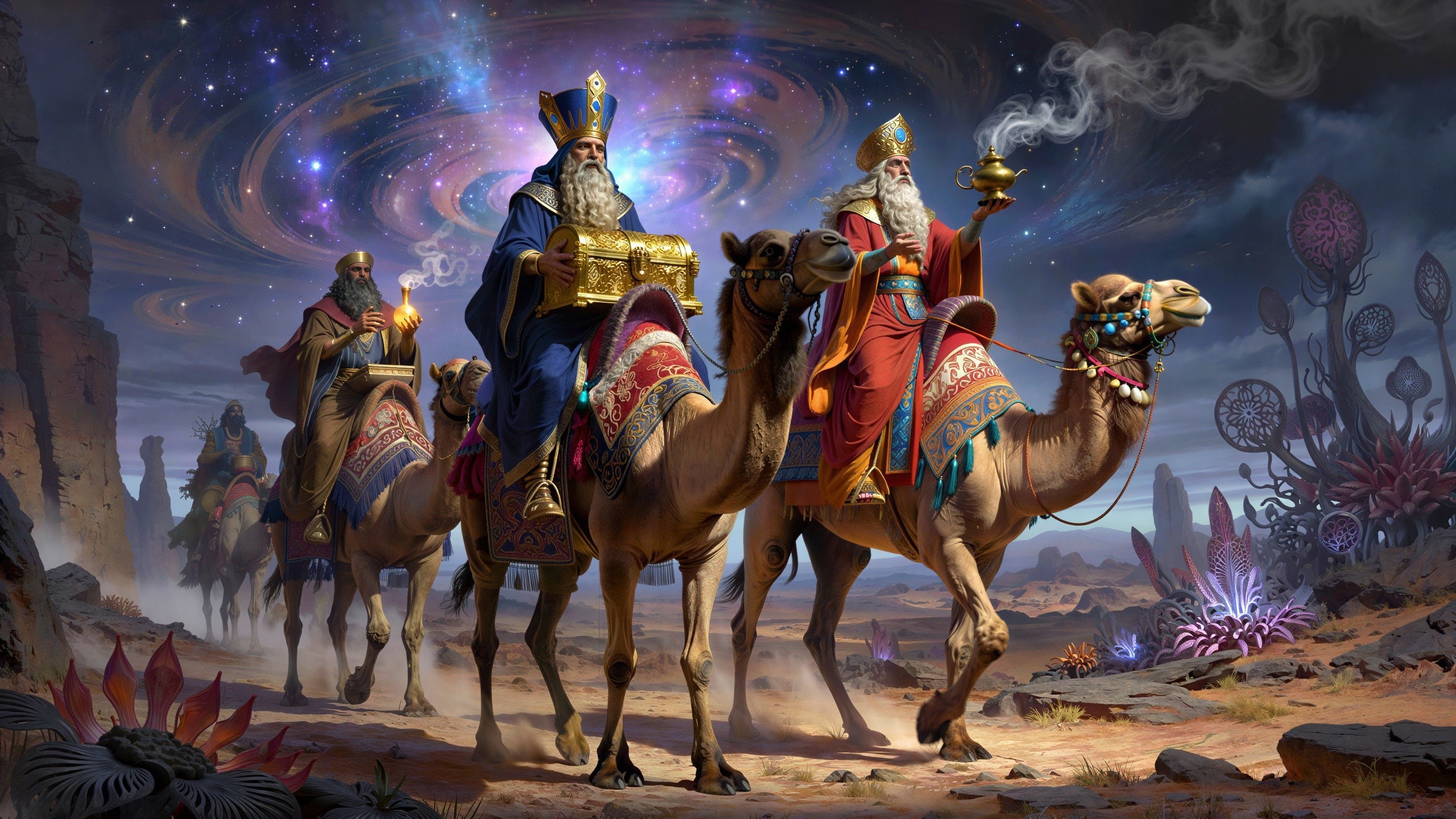Three Wise Men on Camels in a Fantasy Desert Scene