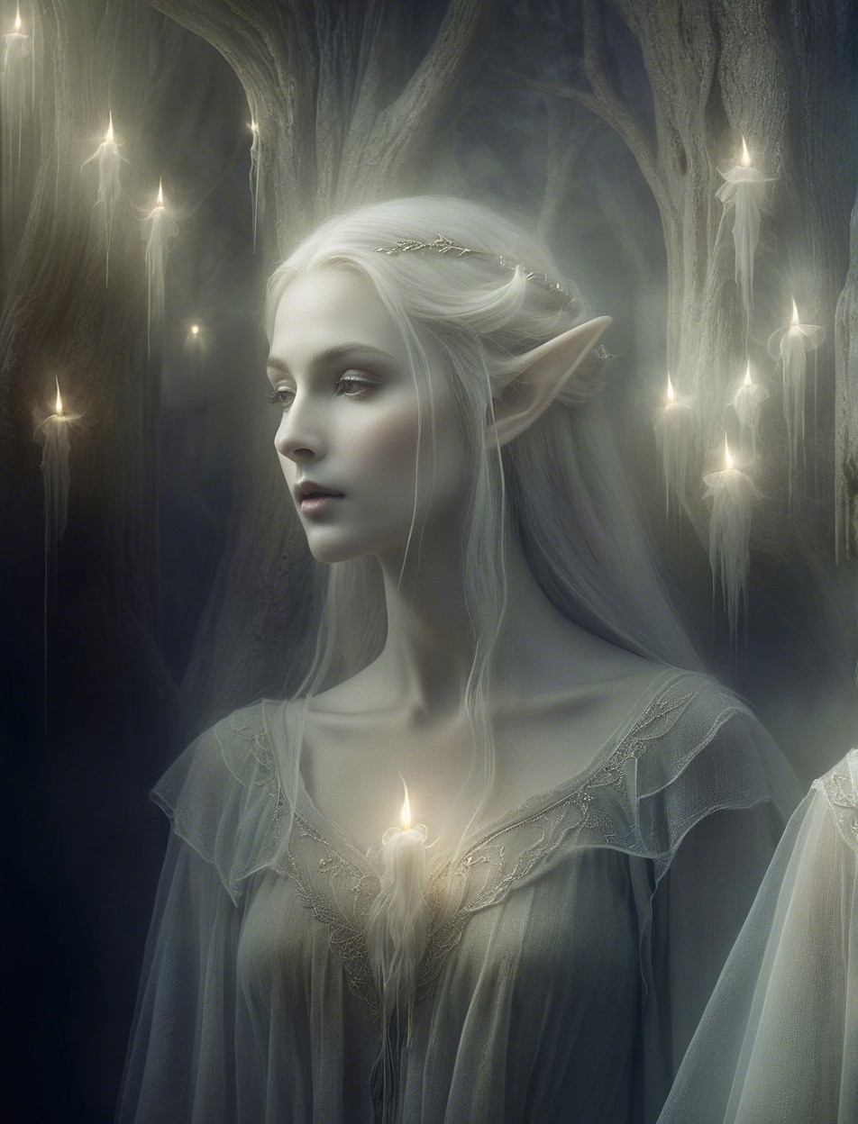Serene Elf in Ethereal Gown in Enchanted Forest