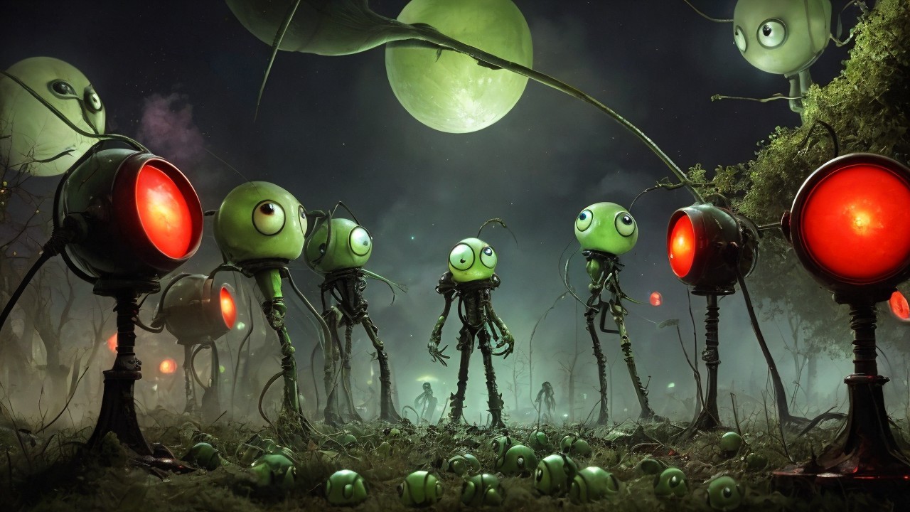 Whimsical Green Creatures in a Misty Forest Landscape